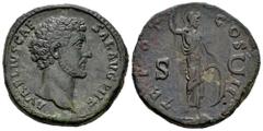 Roman Imperial Marcus Aurelius. Sestertius. 139-161 d.C. Rome. (Ric-1248). Anv.: AVRELIVS CAESAR AVG PII F. Bare head right. Rev.: TR POT COS II. Minerva standing right, holding spear and shield; S-C 