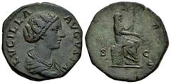Roman Imperial Lucilla. Sestertius. 164-167 d.C. Rome. (Ric-1728 var.). (Mir-18, 24/6b). (Banti-2). Anv.: LVCILLA AVGVSTA , draped bust right. Rev.: (C)ERES, Ceres seated right on cista mystica, holdi