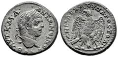 Roman Imperial Caracalla. Seleucis and Pieria. Tetradrachm. 215-217 d.C. Laodicea. (Prieur-1179). Anv.: AYT•K•M•A• •ANTΩNЄINOC• CЄB, Laureate head right. Rev.: •ΔΗΜΑΡX• ЄΞ• ΥΠΑΤΟC• ΤΟ• Δ•, Eagle, hold
