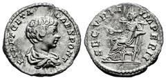 Roman Imperial Geta. Denarius. 200-202 d.C. Rome. (Ric-IV 20b). (Bmcre-240). (Rsc-183a). Anv.: P SEPT GETA CAES PONT, bare-headed, draped and cuirassed bust to right. Rev.: SECVRIT IMPERII, Securitas 