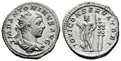Roman Imperial Elagabalus. Antoninianus. 218-222 d.C. Rome. (Ric-90e). Anv.: IMP ANTONINVS AVG, radiate and draped bust right. Rev.: IOVI CONSERVATORI, Jupiter, nude, standing left with mantle behind,