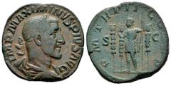 Roman Imperial Maximinus I. Sestertius. 236 d.C. Rome. (Ric-IV 33). (Bmcre-80). Anv.: IMP MAXIMINVS PIVS AVG, laureate, draped and cuirassed bust to right. Rev.: P M TR P II COS P P, Emperor standing 
