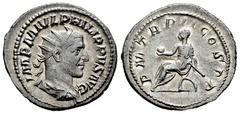 Roman Imperial Philip I. Antoninianus. 244-249 d.C. Rome. (Ric-IV 2b). Anv.: IMP M IVL PHILIPPVS AVG. Radiate, draped and cuirassed bust right. Rev.: P M TR P II COS P P. Philip I seated left on curul