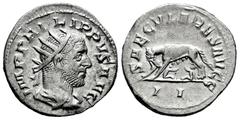 Roman Imperial Philip I. Antoninianus. 248 d.C. Rome. (Ric-IV 15). (Seaby-178). Anv.: IMP PHILIPPVS AVG. Radiate, draped and cuirassed bust to right. Rev.: SAECVLARES AVGG. She-wolf standing to left, 
