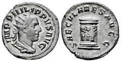 Roman Imperial Philip I. Antoninianus. 248 d.C. Rome. (Ric-IV 24c). (Rsc-193). Anv.: IMP PHILIPPVS AVG, radiate, draped and cuirassed bust to right. Rev.: SAECVLARES AVGG, low column inscribed COS III
