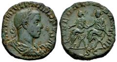 Roman Imperial Philip II. Sestertius. 246-249 d.C. Rome. (Ric-IV 267a). (C-19). Anv.: IMP M IVL PHILIPPVS AVG, laureate, draped and cuirassed bust to right. Rev.: LIBERALITAS AVGG III, Philip I, holdi