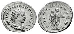 Roman Imperial Philip II. Antoninianus. 244-246 d.C. Rome. (Ric-IV 217). (Rsc-58 var.). Anv.: M IVL PHILIPPVS CAES, radiate and draped bust to right. Rev.: PRINCIPI IVVENT, Prince in military dress, s