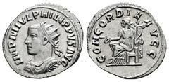 Roman Imperial Philip II. Antoninianus. 247-249 d.C. Antioch. (Ric-IV 541). (Rsc-8). Anv.: IMP M IVL PHILIPPVS AVG. Radiate draped and cuirassed bust left. Rev.: CONCRDIA AVGG. Concordia seated left, 