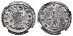 Roman Imperial Gallienus. Antoninianus. 264-265 d.C. Antioch. (Ric-V.1 638). Anv.: GALLIENVS AVG. Radiate and cuirassed bust to right. Rev.: GENIVS AVG. Genius standing to left, holding patera and cor