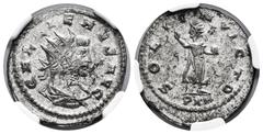 Roman Imperial Gallienus. Antoninianus. 267 d.C. Antioch. (MIR-1659f var). Anv.: GALLIENVS AVG. Radiate, draped and cuirassed bust right. Rev.: SOLI INVICTO. Sol standing left with raised hand. Ag. Or