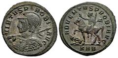 Roman Imperial Probus. Antoninianus. 276-282 d.C. Serdica. (Ric-837). Anv.: VIRTVS PROBI AVG, radiate, helmeted, cuirassed bust left, holding spear and shield with rider motif. Rev.: ADVENTVS PROBI AV