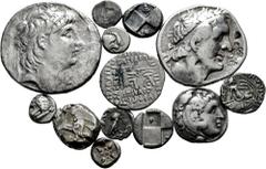 Large Lots Lot of 13 ancient Greek coins. Containing a great variety of types from Ptolemaic Egypt, Seleukids, Macedon empire, Kingdom of Parthia, Lydia, Chersonesos, Athens and the Ionian Islands. Di