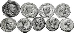 Large Lots Lot of 9 coins from the Roman Empire. Denarius and an Antoninianus of the following Emperors: Tiberius, Marcus Aurelius, Septimius Severus, Alexander Severus, Caracalla, Geta and Gordian II