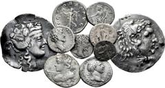 Large Lots Lot of 10 coins ranging from Ancient Greece to the Medieval Period. Containing tetradrachms, Denarii, Antoninians and a Grosso. All different and very interesting. Ar. TO EXAMINE. Almost F/