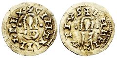 Visigothic Coins Chintila (636-639). Tremissis. Emérita (Mérida). (Cnv-383.6). (Pliego-499d). Anv.: ✠ EMERI|T|APIVS. Bust from front with globule on each side. Rev.: ✠ EMERI|T|APIVS. Bust from front w