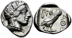 Greek Coins Attica. Athens. Tetradrachm. 454-404 BC. (Gc-2526). (Sng Cop-31). (Kroll-8). Anv.: Head of Athena right, wearing crested Attic helmet ornamented with three olive leaves above visor and spi