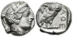 Greek Coins Attica. Athens. Tetradrachm. 454-404 BC. (Gc-2526). (Sng Cop-31). (Kroll-8). Anv.: Head of Athena right, wearing crested Attic helmet ornamented with three olive leaves above visor and spi