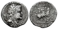 Greek Coins Kings of Bactria. Eukratides I Megas. Drachm. 170-145 BC. (Mitchiner-169a). (Bopearachchi-2C). (SNG Ans-439/41). Anv.: Diademed and draped bust to right. Rev.: The Dioskouroi on horses pra