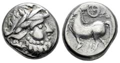 Greek Coins Celts in Eastern Europe. Drachm. Century III BC. Kugelwange type. (Dembski-1111). (Lanz-458/9). Anv.: Celticised, laureate and bearded head to right. Rev.: Horse prancing to left; wheel wi