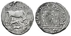 Greek Coins Illyria. Dyrrhachion. Drachm. 229-100 BC. Xenon and Pyrba- Magistrates. (Sng Cop-495). Anv.: Cow standing right, looking back at suckling calf standing left below; eagle standing right wit