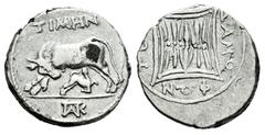Greek Coins Illyria. Apollonia. Drachm. 80/70-48 BC. Timen- and Damophontos magistrates. (Hgc-3.1,4). (Maier-36). Anv.: TIMHN. Cow standing left, head lowered right, suckling calf; monogram in exergue