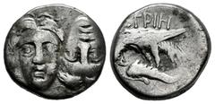 Greek Coins Moesia. Istros. Drachm. 256-240 BC. (SNG Stancomb-144). (SNG BM Black Sea-238). (Hgc-3.2). Anv.: Two young male heads facing inverted. Rev.: IΣTPIH above sea-eagle on dolphin left, A below