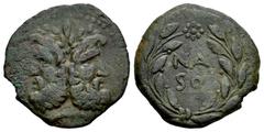 Greek Coins Sicily. Unit. Century II BC. Uncertain mint under Roman Rule. (CNS-78 (Panormos)). (Hgc-2,1690). Anv.: Laureate and bearded head of Janus; I above. Rev.: NASO in two lines within wreath; s