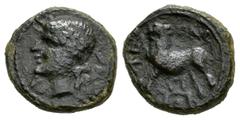 Greek Coins Sicily. Leontinoi. AE 15. Century II BC. (CNS-III 13). (SNG Morcom-608). (Hgc-2,724). Anv.: Laureate head of Apollo to left; plough behind. Rev.: Lion advancing to left; ΛΕΟΝ around, ΤΙ be