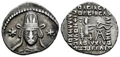 Greek Coins Kingdom of Parthia. Meherdates (Usurper). Drachm. 49-50 AD. Ekbatana. (Sellwood-67.1 (Vonones II)). (Shore-368 (Vonones II)). (Sunrise-417/8). Anv.: Facing bust, wearing tiara with ear fla