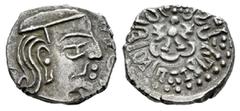 Greek Coins Gupta Dynasty. Kumaragupta I (Mahendraditya) (415-455 CE). Drachm. (Fishman-No cita). Anv.: Bust of king facing right, date behind. Rev.: stylized Garuda standing facing, with wings spread