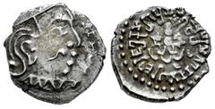 Greek Coins Gupta Dynasty. Kumaragupta I (Mahendraditya) (415-455 CE). Drachm. (Fishman-No cita). Anv.: Bust of king facing right, date behind. Rev.: stylized Garuda standing facing, with wings spread