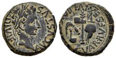 Celtiberian Coins Carthage Nova. Augustus period. Half unit. 27 BC - 14 AD. Cartagena (Murcia). (Abh-594). Anv.: AVGVSTVS. DIVI. E. Laureate head of Augustus right. Rev.: Aspergillus, simpulum, securi