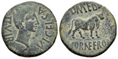 Celtiberian Coins Kelse-Celsa. Augustus period. Unit. 27 BC - 14 AD. Velilla de Ebro (Zaragoza). (Abh-804). Anv.: COL. V. I. CELSA. II. VIR. Head of Augustus right. Rev.: Bull right, L. POMPE. BVCCO. 