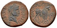 Celtiberian Coins Kelse-Celsa. Time of Tiberius. Unit. 14-36 AD. Velilla de Ebro (Zaragoza). (Abh-819). Anv.: TI. CAESAR. AVGVSTVS. Laureate head of Tiberius right. Rev.: Bull right, BACC. FRONT (N an