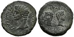 Celtiberian Coins Iulia Traducta. Augustus period. Dupondius. 27 BC - 14 AD. Algeciras (Cádiz). (Abh-1610). (Acip-3351). Anv.: PERM. CAES. AVG. Head of Augustus left. Rev.: Heads of Gaius and Lucius, 