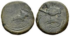 Celtiberian Coins Obulco. Half unit. 220-20 BC. Porcuna (Jaén). Ae. 6,88 g. Struck over Carissa semis. VF. Est...90,00. Spanish description: Obulco. Semis. 220-20 a.C. Porcuna (Jaén). Ae. 6,88 g. Reac