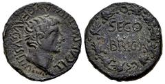 Celtiberian Coins Segobriga. Time of Tiberius. Half unit. 14-36 AD. Saelices (Cuenca). (Abh-2190). (Acip-3245). Anv.: TI. CAESAR. DIVI. AVG. F. AVGVS. F. IMP. around bare head of Tiberius right. Rev.: