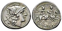 Roman Republican Anonymous. Denarius. 200-190 BC. Rome. (Ffc-39). (Craw-113/1). (Cal-39). Anv.: Head of Roma right, X behind. Rev.: The Dioscuri riding right, stars above, eight pointed star below hor