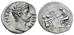 Roman Imperatorial Augustus. Denarius. 15-13 BC. Lugdunum. (Ffc-106). (Ric-165a). (Cal-836). Anv.: AVGVSTVS DIVI. F. bare head of Augustus right. Rev.: (IMP. X) in exergue, two soldiers each presentin