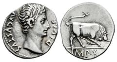 Roman Imperatorial Augustus. Denarius. 11-10 BC. Lugdunum. (Ffc-119). (Ric-no cita). (Cal-838). Anv.: AVGVSTVS DIVI. F bare head of Augustus right. Rev.: IMP. XII in exergue, bull butting right. Ag. 3