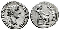 Roman Imperatorial Augustus. Denarius. 41 BC. Lugdunum. (Ffc-163). (Ric-220). (Cal-857). Anv.: CAESAR AVGVSTVS DIVI. F. PATER. PATRIAE laureate head of Augustus right. Rev.: PONTIF. MAXIM Livia seated