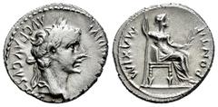 Roman Imperial Tiberius. Denarius. 14-37 AD. Lugdunum. (Ric-30). (Bmcre-48). (Rsc-16a). Anv.: (TI CAESAR) DIVI AVG F AVGVST(VS), laureate head to right. Rev.: PONTIF MAXIM, Livia, as Pax, seated to ri