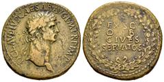 Roman Imperial Claudius. Sestertius. 41-42 AD. Rome. (Ric-I 96). (Bmcre-115). (C-39). Anv.: TI CLAVDIVS CAESAR AVG P M TR P IMP, laureate head to right. Rev.: EX S C OB CIVES SERVATOS in four lines; a