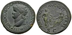 Roman Imperial Nero. Sestertius. 66 AD. Lugdunum. (Ric-391). (Bmcre-307). (Ch-15). Anv.: NERO CLAVD CAESAR AVG GER P M TR P IMP P P. Laureate bust to left. Rev.: ANNONA AVGVSTI CERES, Annona standing 