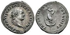 Roman Imperial Titus. Denarius. 80 AD. Rome. (Ric-II 1,112). (Bmcre-72/5). (Rsc-309). Anv.: IMP TITVS CAES VESPASIAN AVG P M, laureate head to right. Rev.: TR P IX IMP XV COS VIII P P, dolphin coiled 
