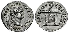 Roman Imperial Titus. Denarius. 80 AD. Rome. (Ric-II 1.119). (Bmcre-51/54). (Rsc-316). Anv.: IMP TITVS CAES VESPASIAN AVG P M, laureate head to right. Rev.: TR P IX IMP XV COS VIII P P, pulvinar (thro