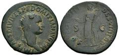Roman Imperial Domitian. Dupondius. 81 AD. Rome. (Ric-108). Anv.: IMP CAES DIVI VESP F DOMITIAN AVG P M. Laureate head to right. Rev.: TR P COS VII DES VIII P P. Minerva standing left, holding thunder