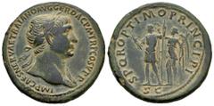 Roman Imperial Trajan. Sestertius. 107-110 AD. Rome. (Ric-II 549). (Woytek-320b). (Bmcre-825). Anv.: IMP CAES NERVAE TRAIANO AVG GER DAC P M TR P COS V P P, laureate bust to right, slight drapery on f