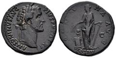 Roman Imperial Antoninus Pius. Sestertius. 147-148 AD. Rome. (Ric-III 840). Anv.: ANTONINVS AVG PIVS P P TR P XI. Laureate head of Antoninus Pius right. Rev.: ANNONA AVG. Annona standing facing, head 