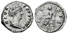Roman Imperial Diva Faustina. Denarius. 141 AD. Rome. (Ric-III 379). (Bmcre-464). (Rsc-141). Anv.: DIVA FAVSTINA, draped bust to right. Rev.: CERES, Ceres seated to left, holding torch and grain-ears.